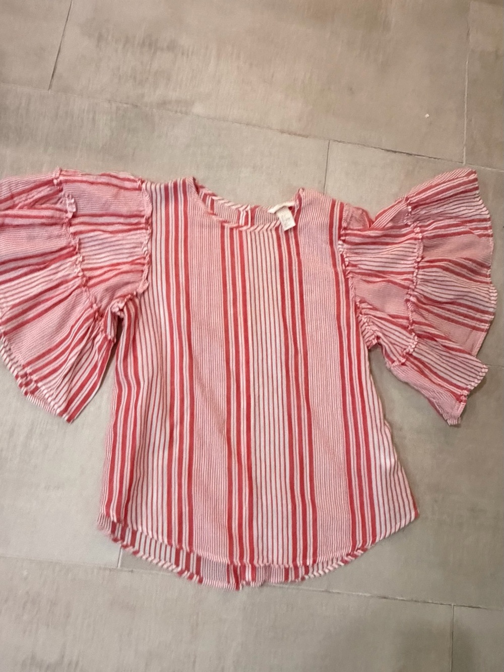 Pink Red Striped Ruffle Sleeve Top
